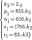 \{{k_2=2.k_3}\\{p_1=855.k_3}\\{n_1=606.k_3}\\{e_1=1176.k_3}\\{i_1=830.k_3}